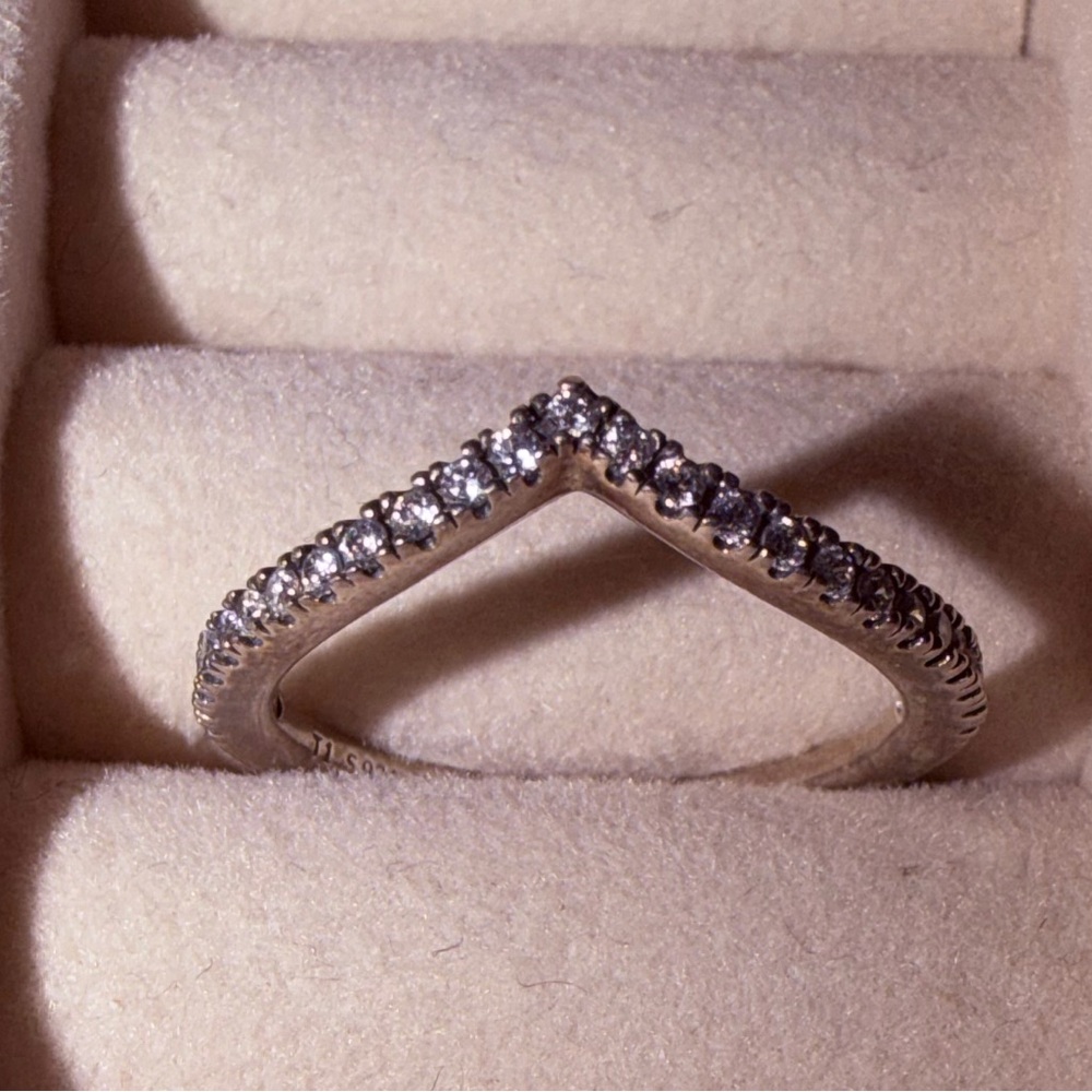 Pandora Silver V-Shaped Ring with Sparkling Accents